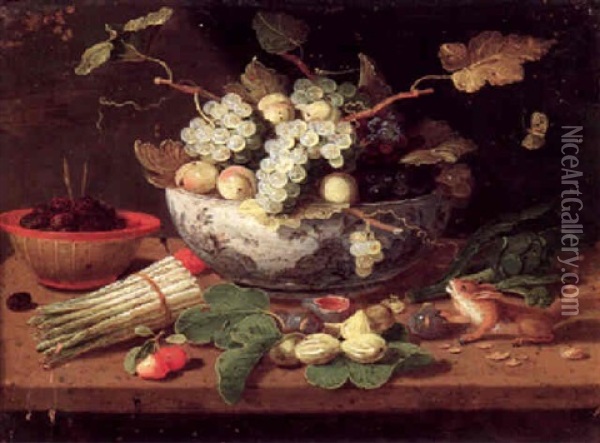 Still Life Of Grapes And Plums In A Blue And White Bowl, A Bundle Of Asparagus, Figs, An Artichoke, A Bowl Of Berries And A Squirrel, All On A Ledge Oil Painting - Jan van Kessel the Elder