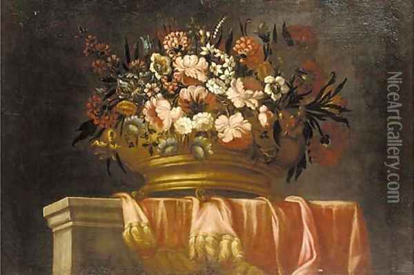 Flowers in an urn on a draped ledge Oil Painting - Pieter Hardime