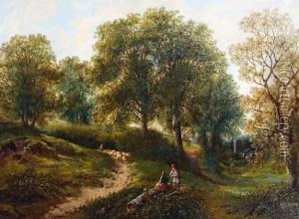 Wooded Landscape With Figures Resting In The Foreground And Sheep In The Distance Oil Painting - George Turner