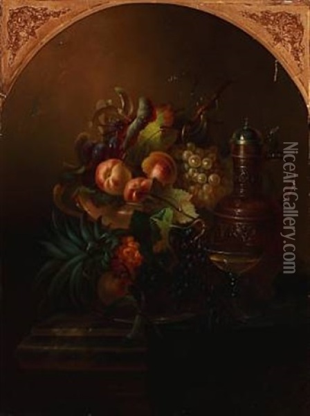 Still Life With Fruit And Wine Oil Painting - Carl Ceasar Adelbert Cramer
