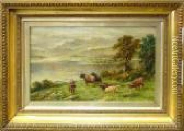Highland Cattle By A Loch Oil Painting - William Langley