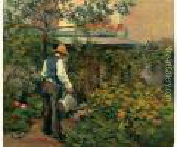 Le Pere Bail Dans Son Jardin A Bois-le-roi, En 1881 Oil Painting - Maximilien Luce