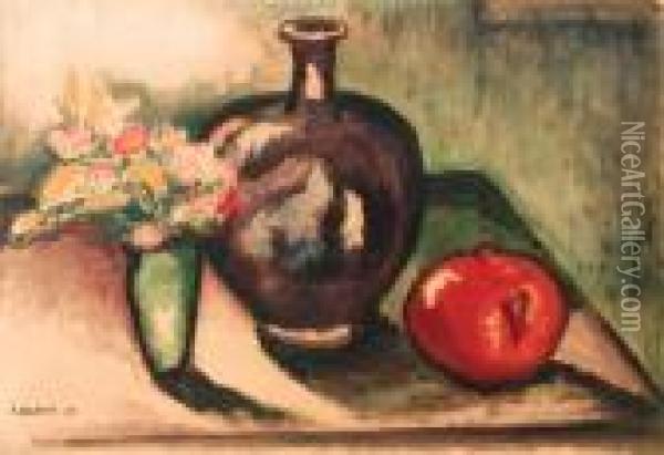 A Still Life With Flowers, An Apple And A Vase Oil Painting - Samuel Halpert