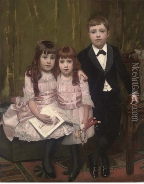 Portrait Of Three Children, The Boy In A Dinner Jacket, The Two Sisters In Matching Pink Dresses Oil Painting - Arthur John Elsley