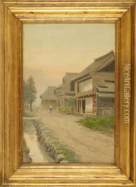 In Western Style Depicting A Figure On A Rural Village Street At Sunset Oil Painting - Tokusaburo Kobayashi