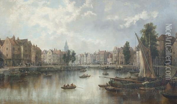 Dutch Cityscape With Canal Oil Painting - William Howard Hart