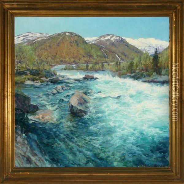 Rocky Landscape With River Oil Painting - Peder Knudsen