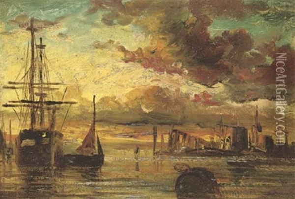 Boats In A Port Oil Painting - Jules Dupre