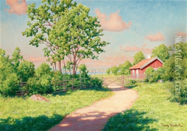 Sommarlandskap Med Rod Stuga Oil Painting - Johan Fredrik Krouthen