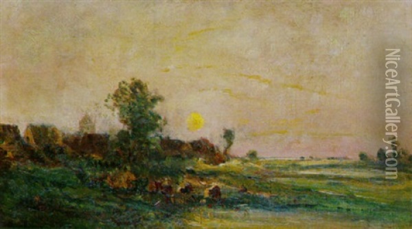 Landschaft Mit Dorf In Der Abenddammerung Oil Painting - Charles Francois Daubigny
