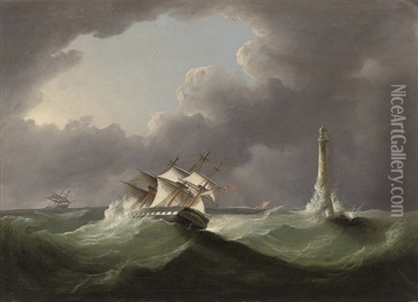 A Merchantman Reefed Down And Running Past The Eddystone Lighthouse In A Gale Oil Painting - Thomas Buttersworth