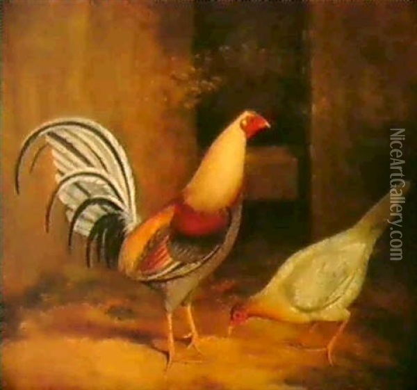 A Cockerel And Hen In A Yard Oil Painting - James Barenger the Elder