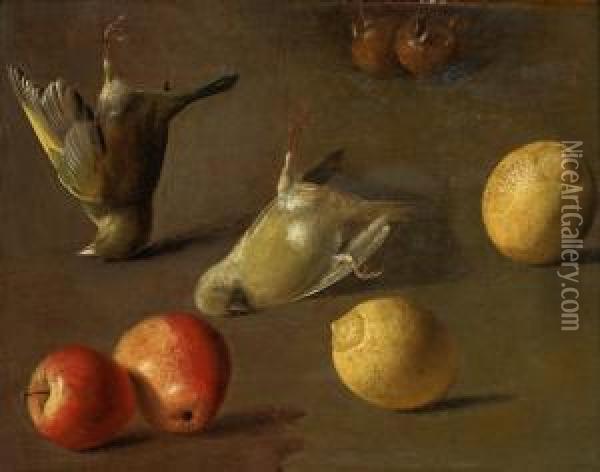 Circle Of 
Stilllife With Birds And Fruit Oil Painting - Jacobes Vonck