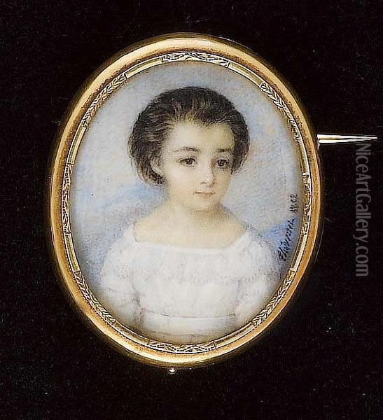 A Child, Wearing White Dress With Lace Collar And Matching Waistsash. Oil Painting - Ferdinand Ehricht
