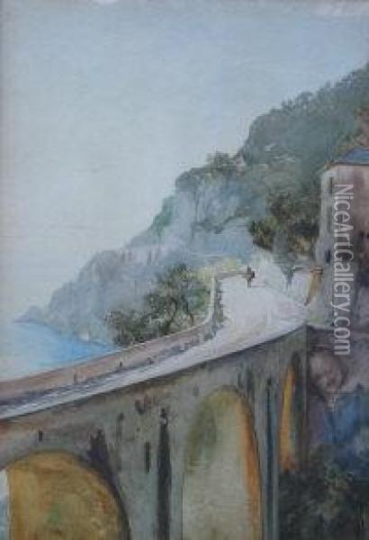 Figure On Donkey On A Viaduct By Rocky Coast With Buildings In Background Oil Painting - Pownoll Toker Williams