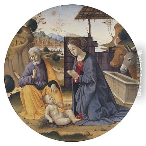 The Madonna And Saint Joseph Adoring The Christ Child, The City Of Florence Beyond Oil Painting - Sebastiano di Bartolo Mainardi