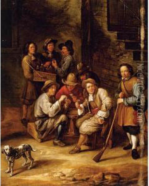 Figures Drinking And Gambling In A Courtyard Oil Painting - Gillis van Tilborgh