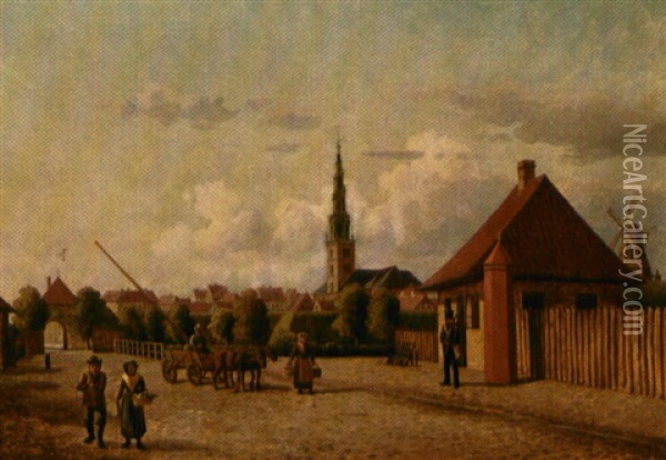 Amagerport Med Den Gamle Acissebod, I Baggrunden Holmens Kirke Oil Painting - Carsten Henrichsen