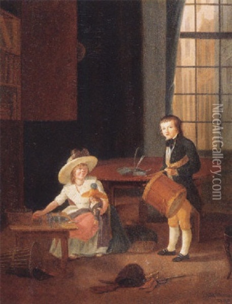 Portrait Of A Boy And A Girl In An Interior Oil Painting - Jean Baptiste Ham