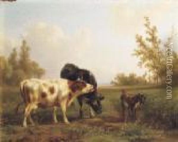 Cows And A Goat In A Sunlit Meadow Oil Painting - Jan Bedijs Tom