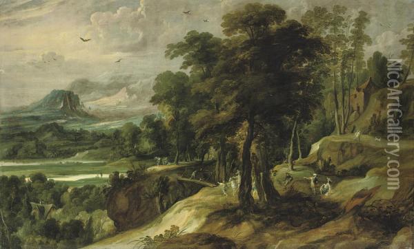 An Extensive River Landscape With The Angel Appearing To Balaam'sass Oil Painting - Jacques Fouquieres