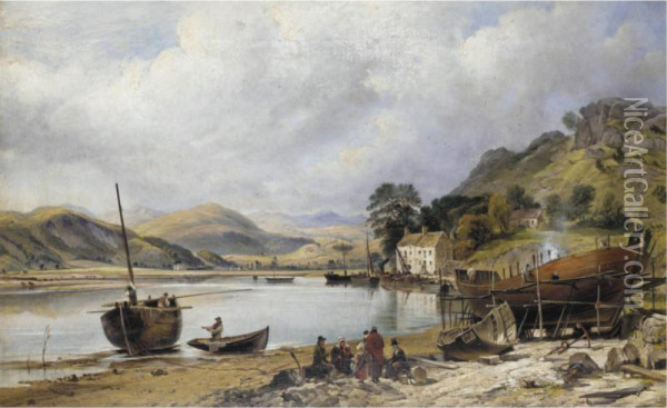 Shipbuilding At Penmaepool, Merioneth Oil Painting - Charles Tattershall Dodd