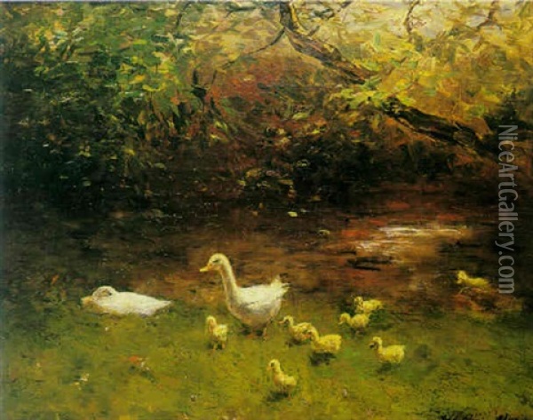 A Duck With Ducklings On The Waterfront Oil Painting - Willem Maris