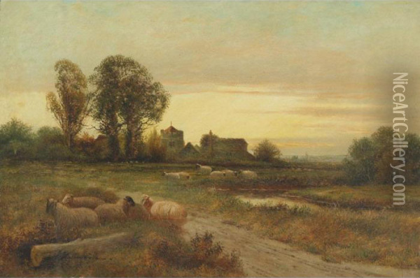 Sheep Resting Near A Farmhouse; Driving Sheep Across Theroad Oil Painting - Ernst Walbourn