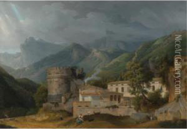 Italian Landscape With A Village At The A Foot Of Mountain Range Oil Painting - Alexandre-Hyacinthe Dunouy