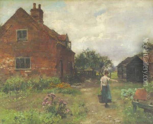 R.b.a., V.p.r.i., R.o.i. 
Milkmaid In A Cottage Garden, A Dog Beside A Fence Nearby Signed, Also 
Inscribed With The Artist's Name On The Original Frame Oil Painting - Henry John Yeend King