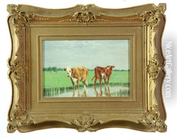Two Cows In A Stream Oil Painting - Clinton Loveridge