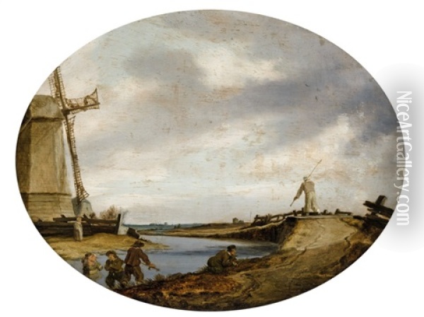 Windmill By The Bank Of A River Oil Painting - Salomon van Ruysdael
