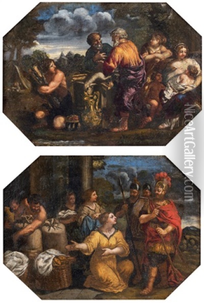 Scene De Sacrifice (+ Abigael Donnant Des Presents A David Pour Reparer L'offense De Son Mari Nabal; Pair) Oil Painting - Pietro da Cortona