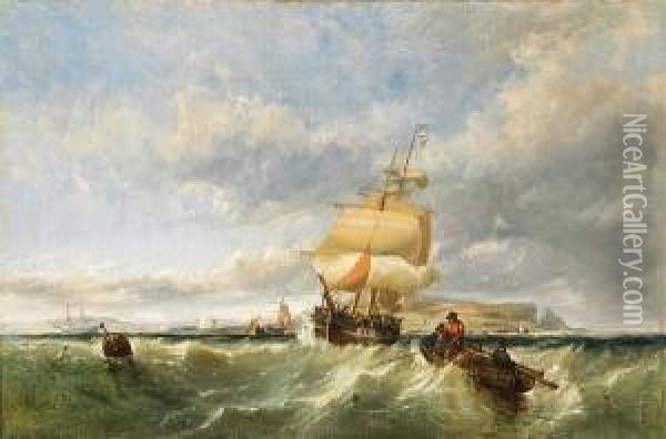A Coastal Scene With Shipping And Figures In A Dinghy Hauling In Nets Oil Painting - Reginald T. Jones