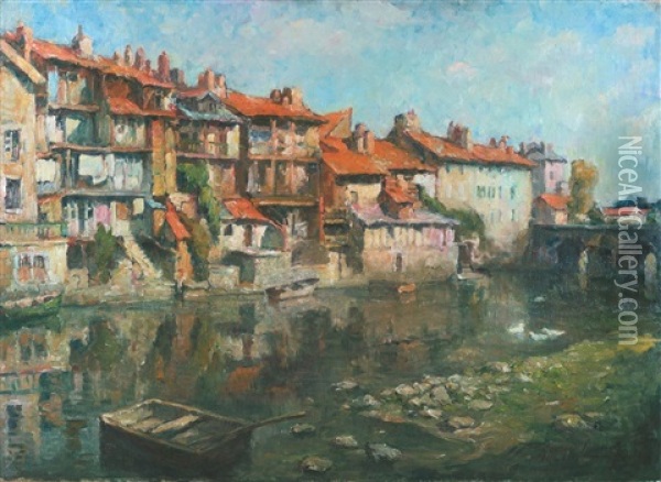 Vieilles Maisons Sur La Jordane A Aurillac Oil Painting - Georges (Ferdinand) Lemmers