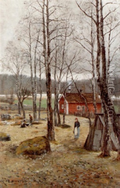 Landskap Med Figurer Och Rod Stugasenvinter Oil Painting - Olof Hermelin