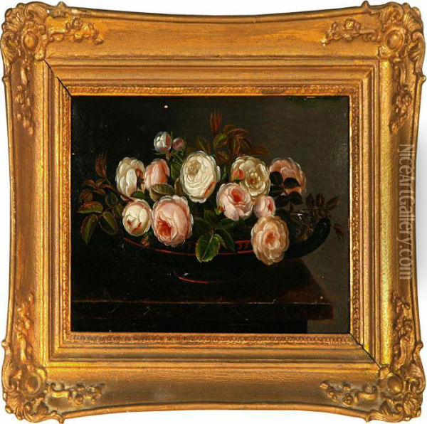 Pink Roses In A Greek Bowl On A Stone Frame Oil Painting - I.L. Jensen