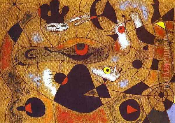 A Dew Drop Falling from a Bird's Wing Wakes Rosalie, who Has Been Asleep in the Shadow of a Spider's Web Oil Painting - Joaquin Miro