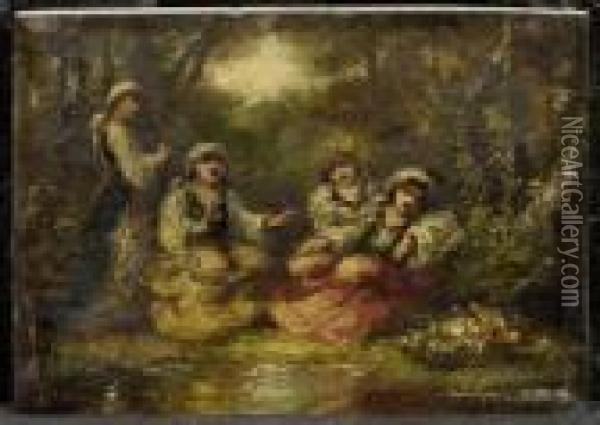 Four Women In Oriental Dresses In A Clearing Oil Painting - Narcisse-Virgile D Az De La Pena