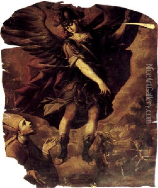 The Archangel Michael Appearing To The Bishop Of Sipontus,  The Shooting Of The Bull On Monte Gargano Beyond Oil Painting - Sebastian De Arteaga