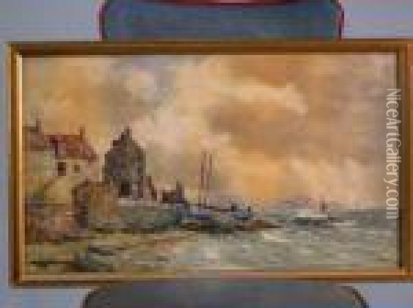 Figuresbeside A Fishing Boat In A Harbour Oil Painting - Richard Henry Nibbs