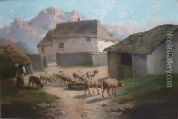 Sheep Grazing Before A Barn And Mountain Landscape Oil Painting - John, Giovanni Califano