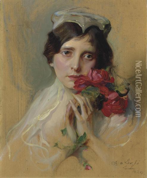 Portrait Of A Lady Wearing A Peaked Headdress Oil Painting - Philip Alexius De Laszlo