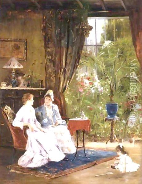 In The Conservatory Oil Painting - Mihaly Munkacsy