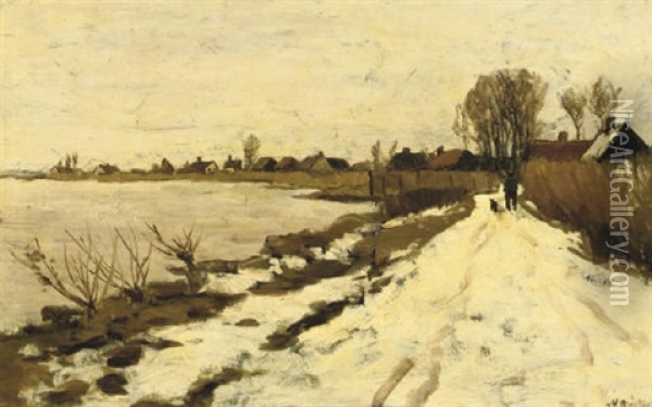 Winter - Walking Along The River Vecht On A Snow Covered Path Oil Painting - Nicolaas Bastert