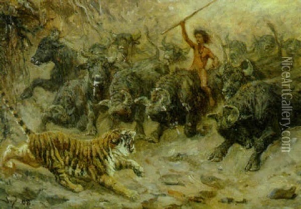 Motiv Fra R. Kipling - Junglebogen, Shere Khans Endeligt Oil Painting - Valdemar Henrik Nicolaj Irminger