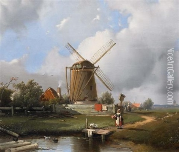 Hollandische Landschaft Mit Windmuhle Oil Painting - Adrianus Jacobus Vrolyk