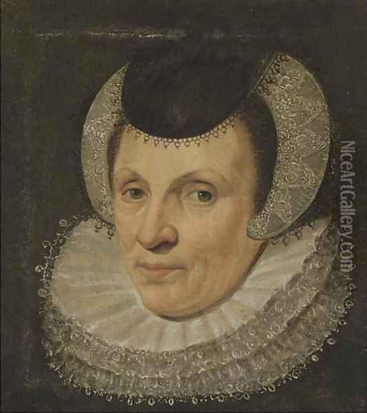 Portrait of a lady, bust-length, in a lace head-dress Oil Painting - Anthony van Ravesteyn