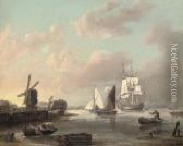 A Merchant Frigate And Smaller Traders Running Up The Thames Estuary Heading For London Oil Painting - George Webster