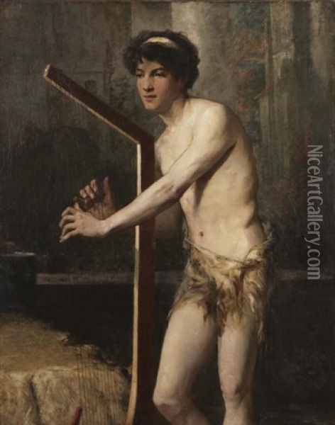 Jeune Ephebe Jouant De La Harpe Oil Painting - Jules Elie Delaunay